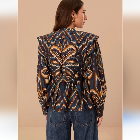 FARM Rio Pineapple Ikat Beaded Matelasse Button Front Euro Boho Top Blue NWT - Picture 5 of 16